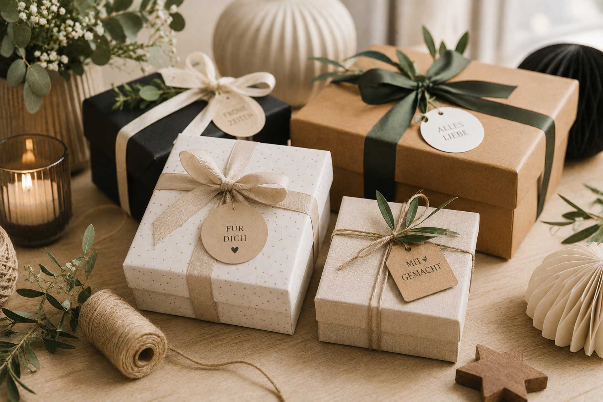 Stilvoll verpackte Geschenke auf einem dekorierten Tisch